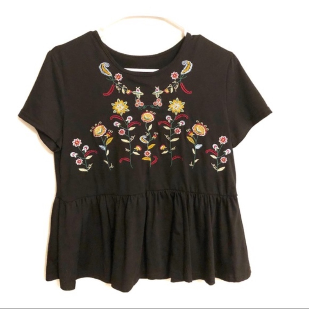 Floral Embroidered Peplum Tee Black